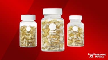 Photos of the Ritual pre-natal and women's multivitamins on a red background