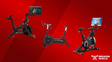 Photos of the Peloton Bike+, Concept2 BikeErg, and NordicTrack S22i Studio Bike on a red background