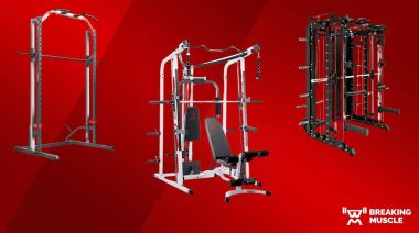 Featured image for Breaking Muscle with three Smith machines on a red background