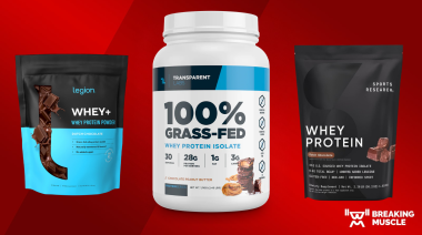 Three of the best whey protein powders next to each other.