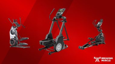 Elliptical machines from NordicTrack, Sole, and Bowflex on a red background